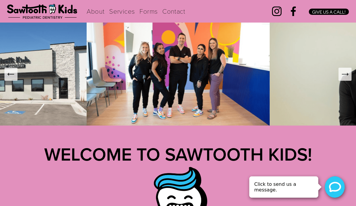 A group of five smiling dental staff members stand together in a colorful pediatric dental office. The page header reads Sawtooth Kids Pediatric Dentistry with navigation links and contact options above.