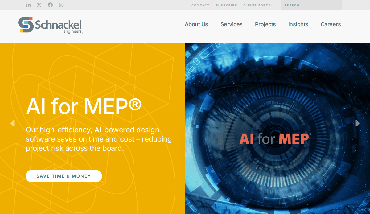 Schnackel Engineers website banner showing AI for MEP® with an abstract digital eye graphic and a button labeled Save Time & Money. The text highlights AI-powered design software benefits.
