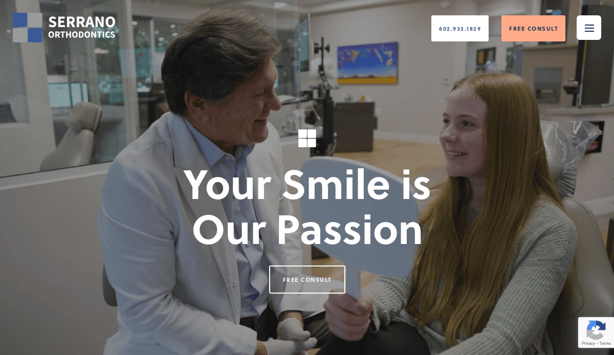 A smiling orthodontist sits with a young female patient holding a mirror in a modern dental office. Text reads, Your Smile is Our Passion. The Serrano Orthodontics logo and buttons for contact and free consult are visible.