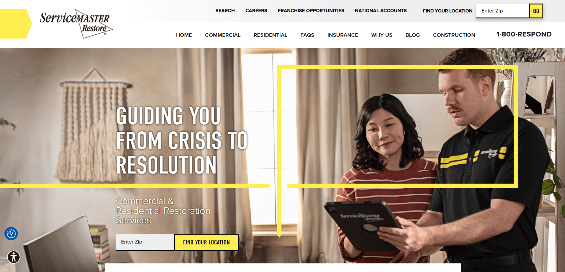 A man in a ServiceMaster Restore uniform shows a clipboard to a woman in a home setting. Text on the image reads, “Guiding you from crisis to resolution. Commercial & Residential Restoration Services.”.