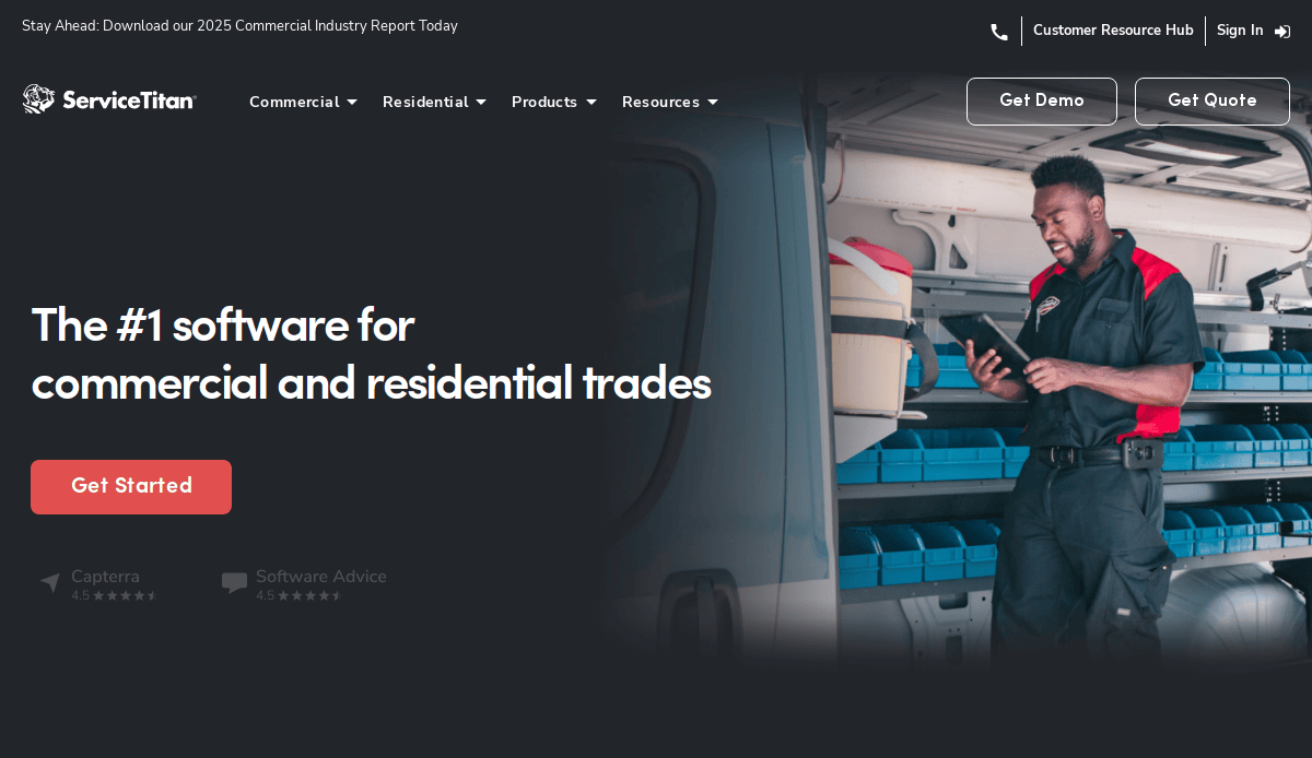 A smiling technician in a red and black uniform stands by a work van, looking at a tablet. Text reads, The #1 software for commercial and residential trades, with Get Started, Get Demo, and Get Quote buttons nearby.