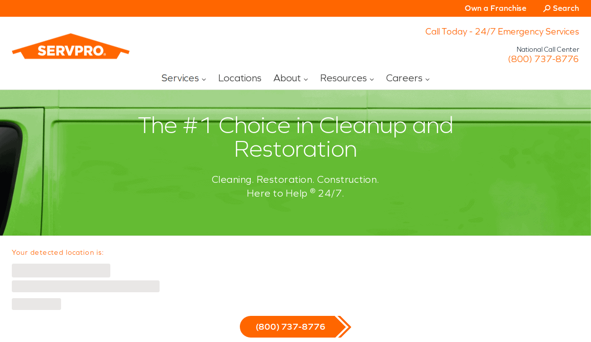 SERVPRO website homepage showing a green background with the text: “The #1 Choice in Cleanup and Restoration. Cleaning. Restoration. Construction. Here to Help 24/7.” Contact and menu options are visible at the top.