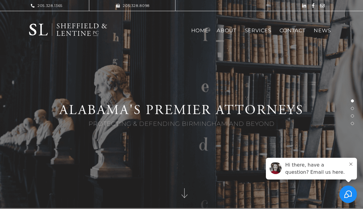 A law firms homepage features shelves of old books and white busts. The text reads Alabamas Premier Attorneys with navigation links for Home, About, Services, Contact, News, and a chat popup in the bottom right corner.