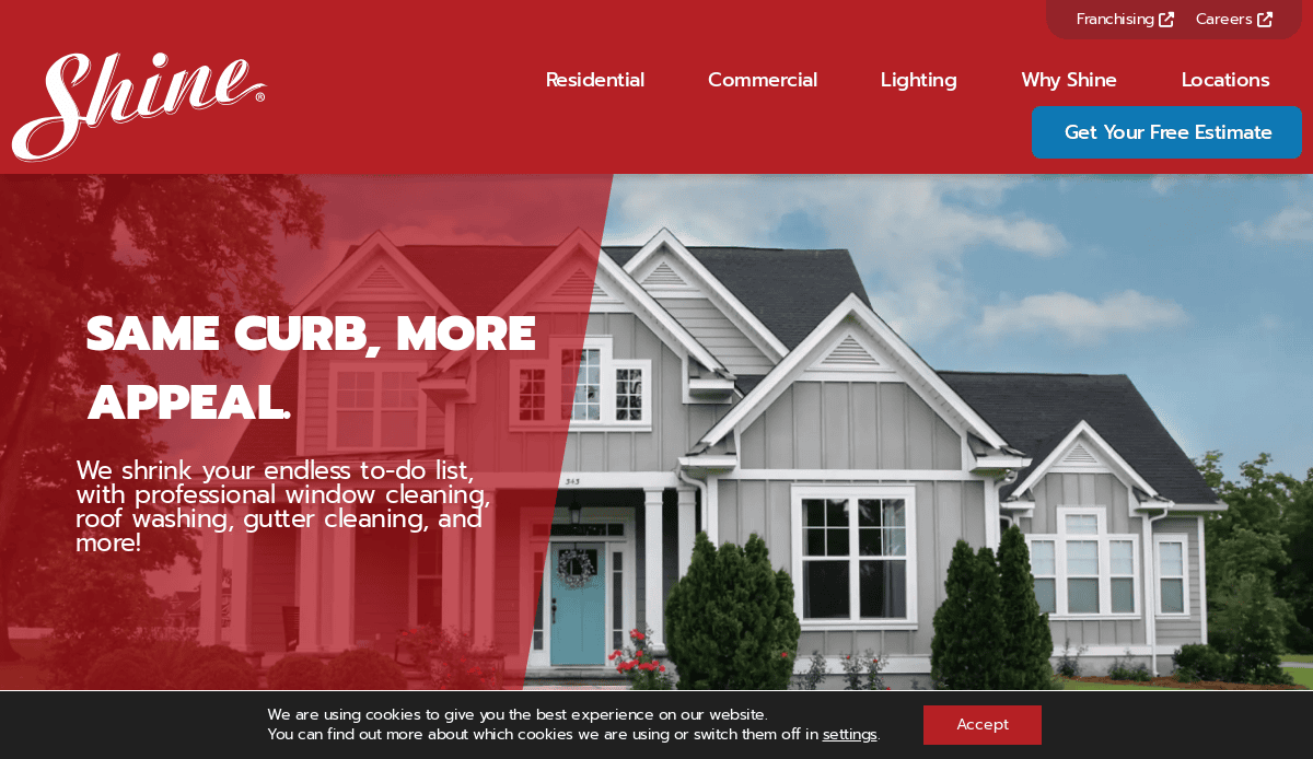 A website homepage for Shine, a cleaning service, featuring a two-story gray house with white trim, a red banner, and buttons for estimate, franchising, and locations. Text highlights services like window and gutter cleaning.