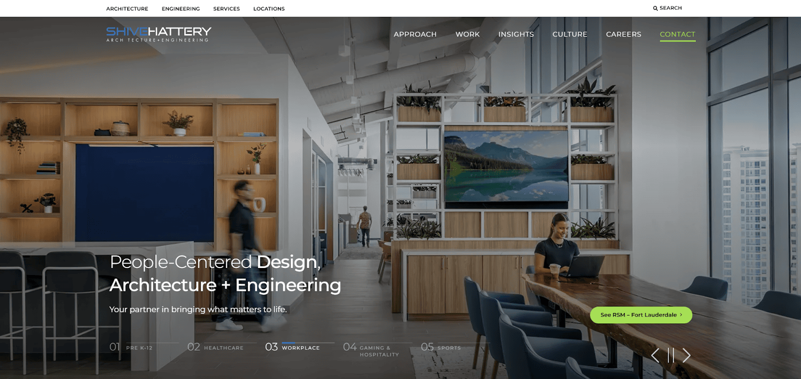 A modern office space with wooden partitions, indoor plants, and large windows. A man walks by on the left, while a woman sits working at a laptop on the right. Text highlights “People-Centered Design, Architecture + Engineering.”.