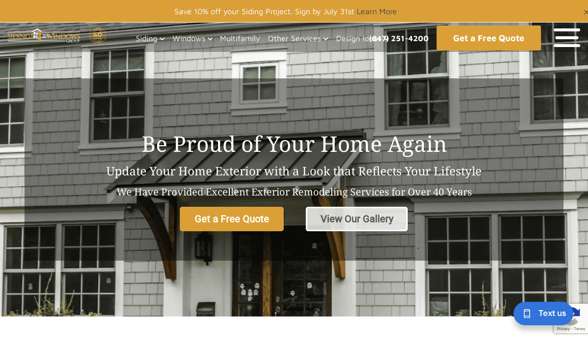 Screenshot of a home exterior remodeling website showing a gray house with white trim, promotional banners, and buttons for Get a Free Quote and View Our Gallery overlaid on the image.
