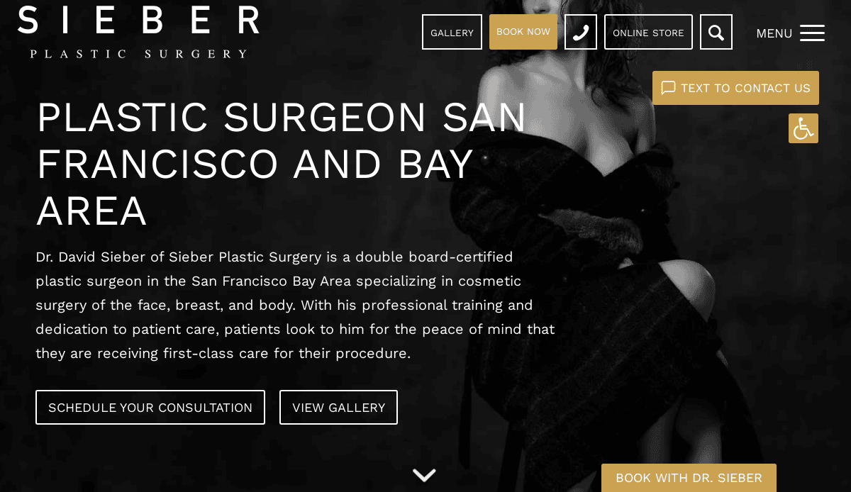 A website homepage for Sieber Plastic Surgery featuring a woman in a dark robe, partially off her shoulders. The site promotes a plastic surgeon in San Francisco, offering consultations, a gallery, and online booking options.