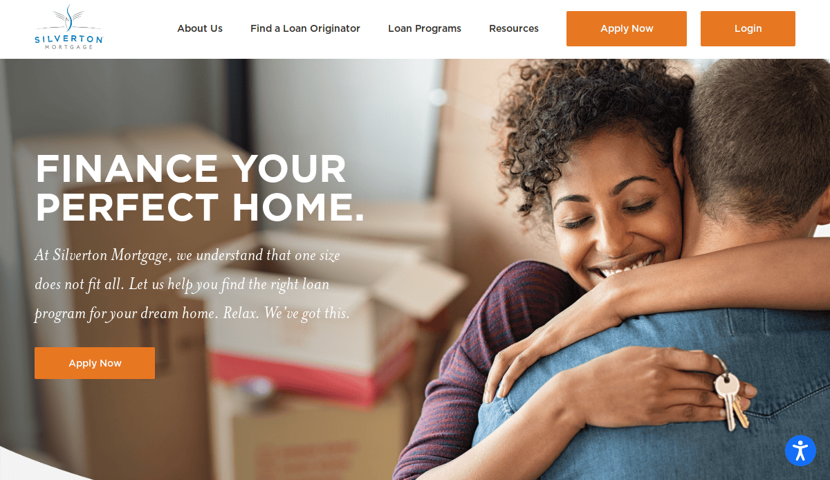 A happy couple embraces in a room with moving boxes. The text reads Finance Your Perfect Home and promotes Silverton Mortgage. There are buttons to apply or log in at the top and an Apply Now button on the left.