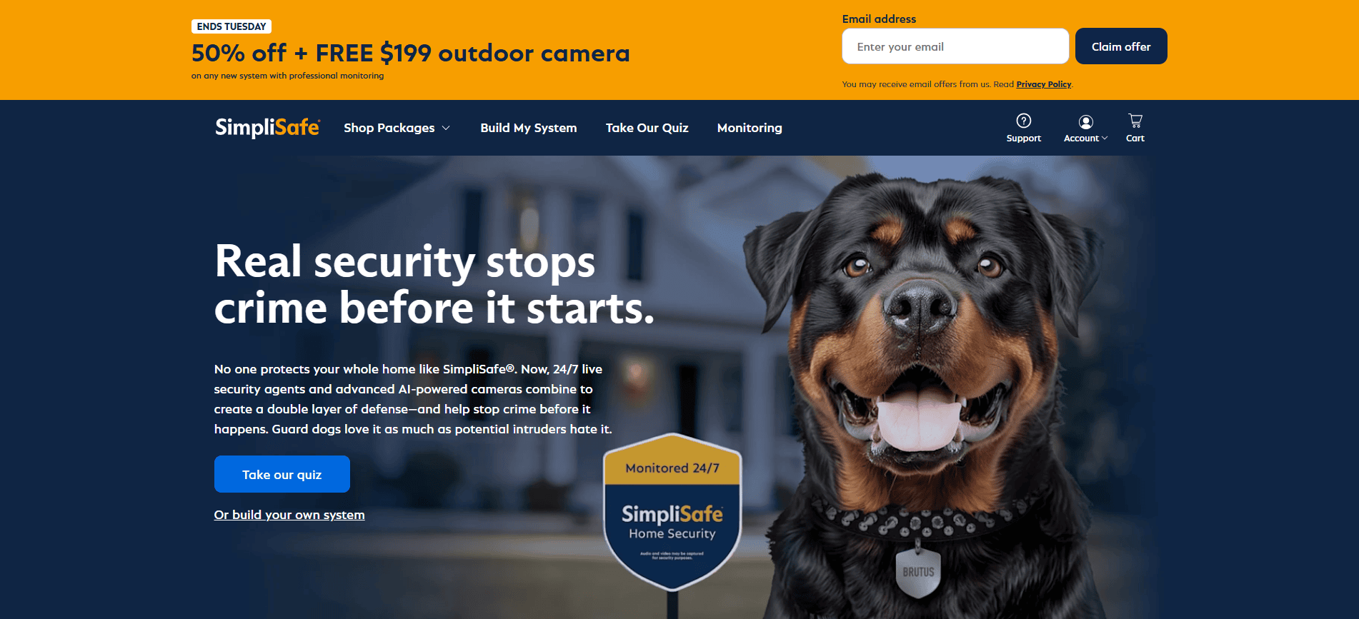 A large dog sits in front of a house wearing a collar. The text overlay promotes SimpliSafe home security with a special offer for a free camera and 50% off, and highlights monitored security 24/7.
