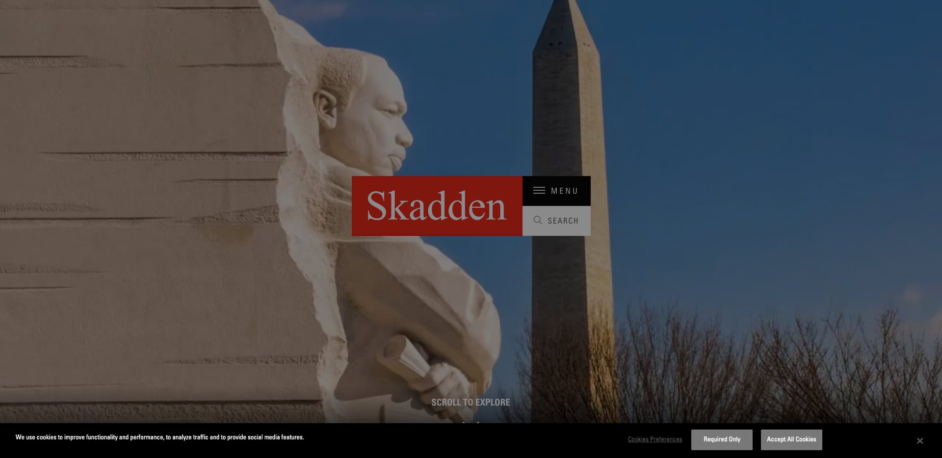 A view of the Martin Luther King Jr. Memorial with the Washington Monument in the background, overlaid with the Skadden website menu and search bar.