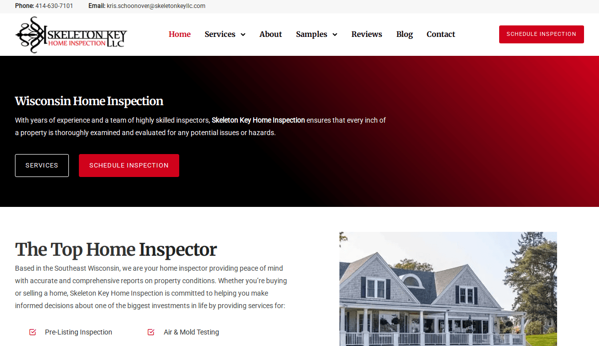 Screenshot of the Skeleton Key Home Inspection website. The page features a red and black header with navigation links, a call-to-action for scheduling inspections, and a photo of a large white house with a porch.