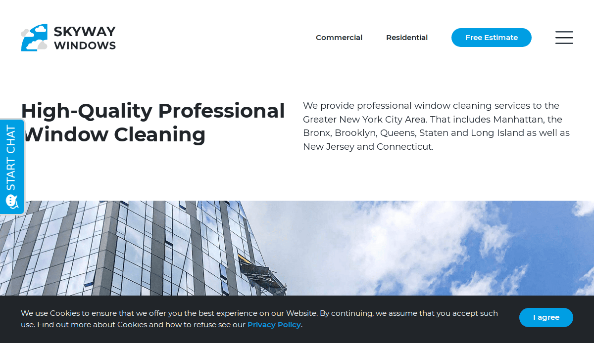 The Skyway Windows website advertises professional window cleaning in New York City. The page features a modern glass building, navigation links, a “Free Estimate” button, and a live chat sidebar.