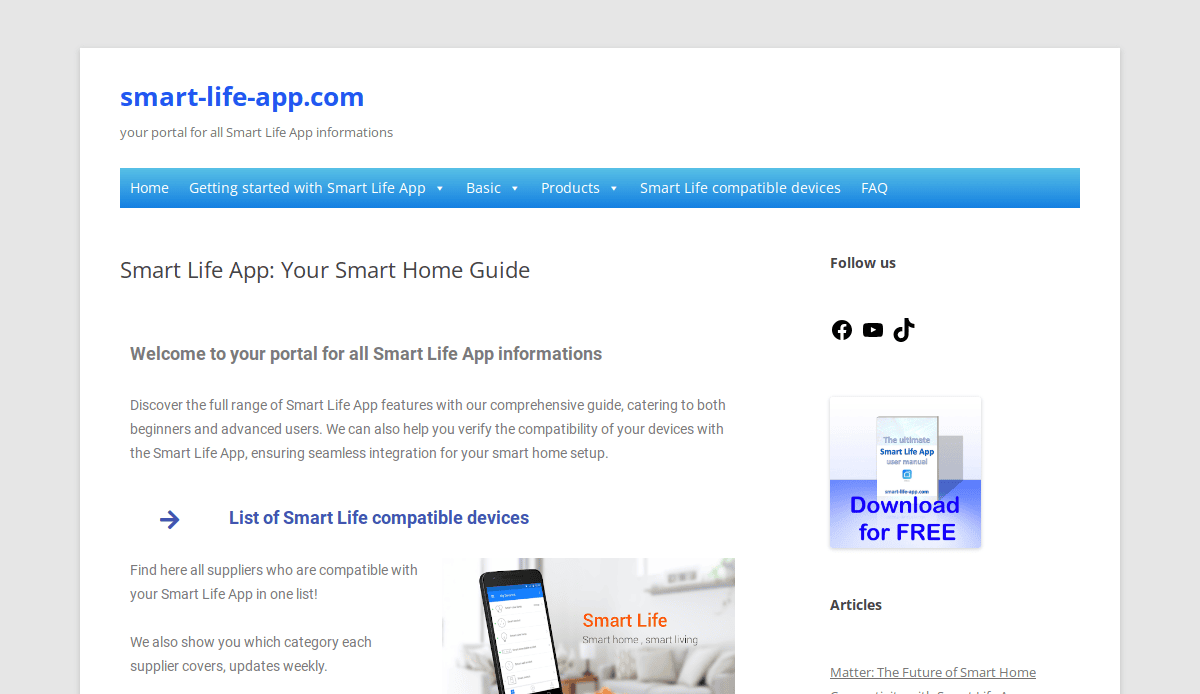 Screenshot of the smart-life-app.com homepage, featuring navigation links, a short description about Smart Life App information, a list of compatible devices, a download button, and social media icons.