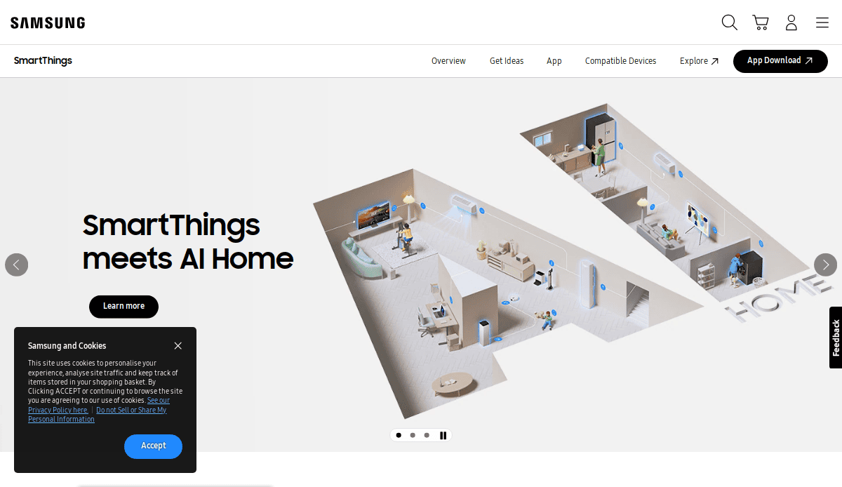 A 3D-rendered home layout on the Samsung SmartThings webpage, featuring connected devices. Text reads SmartThings meets AI Home. A cookies consent pop-up appears at the bottom left.