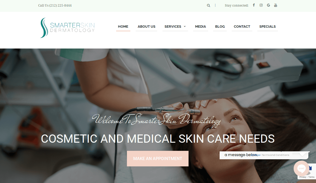Screenshot of SmarterSkin Dermatology’s homepage showing a banner image of a woman receiving a facial treatment, with navigation menu, contact info, and a “Make an Appointment” button.