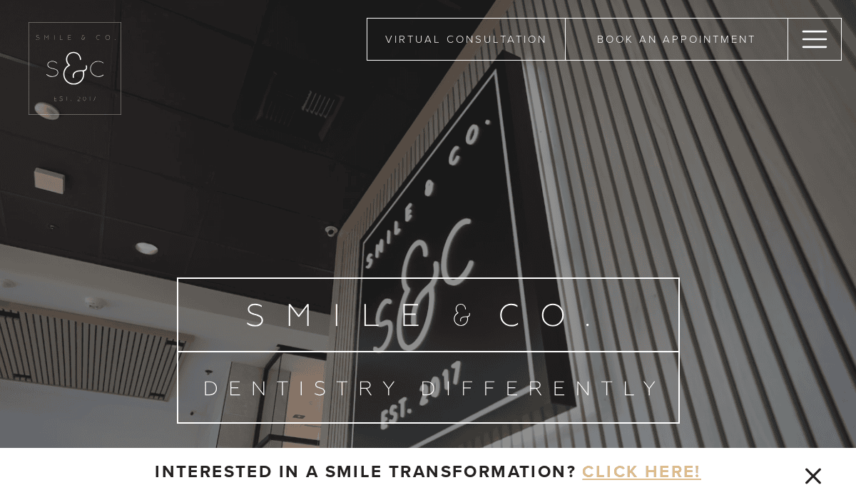 A modern dental office with a black and white Smile & Co. sign, wood panel walls, and text overlay offering virtual consultations, appointment booking, and a smile transformation link.