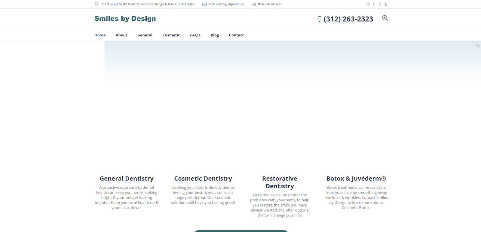 Screenshot of the Smiles by Design dental clinic website showing the navigation menu and brief descriptions of general dentistry, cosmetic dentistry, and Botox & Juvéderm® services. Contact info is visible at the top.