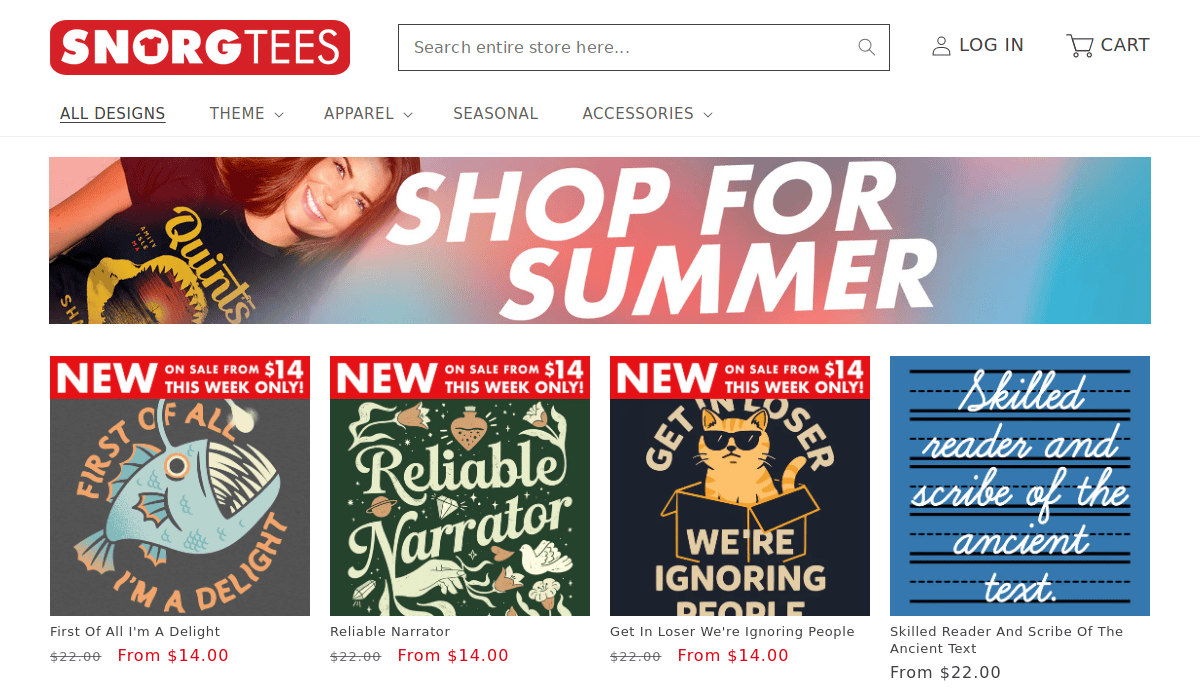 Screenshot of the SnorgTees website featuring a Shop for Summer banner and four T-shirt designs, each with a title, sale prices, and red NEW labels for three shirts. The navigation menu is visible at the top.