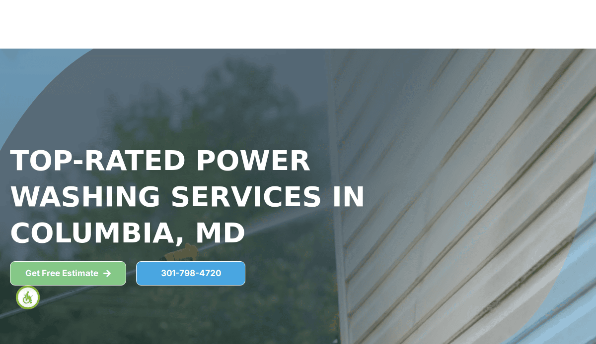A website banner showing a power washing service with the text Top-rated power washing services in Columbia, MD. Buttons labeled Get Free Estimate and a phone number 301-798-4720 appear below the text.