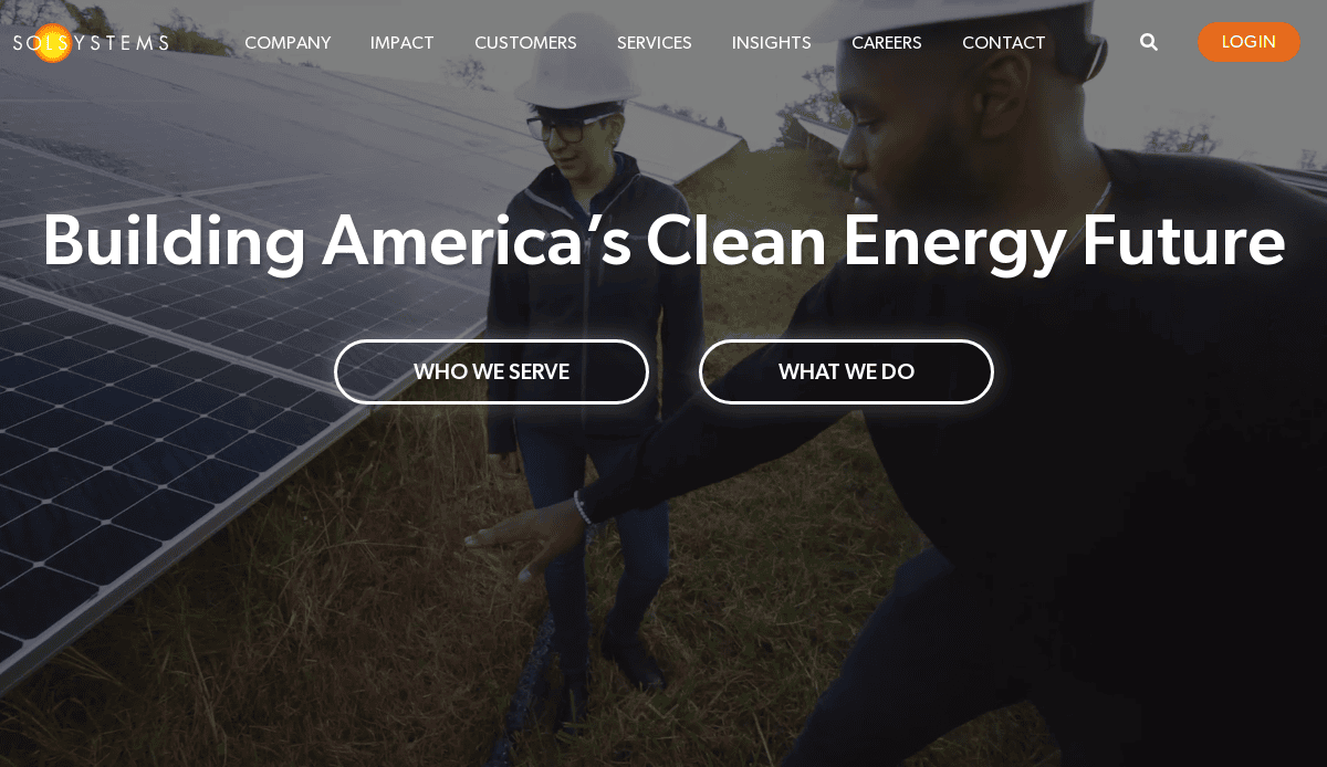Two people wearing safety gear inspect solar panels in a field. Overlay text reads Building Americas Clean Energy Future with buttons labeled Who We Serve and What We Do.
