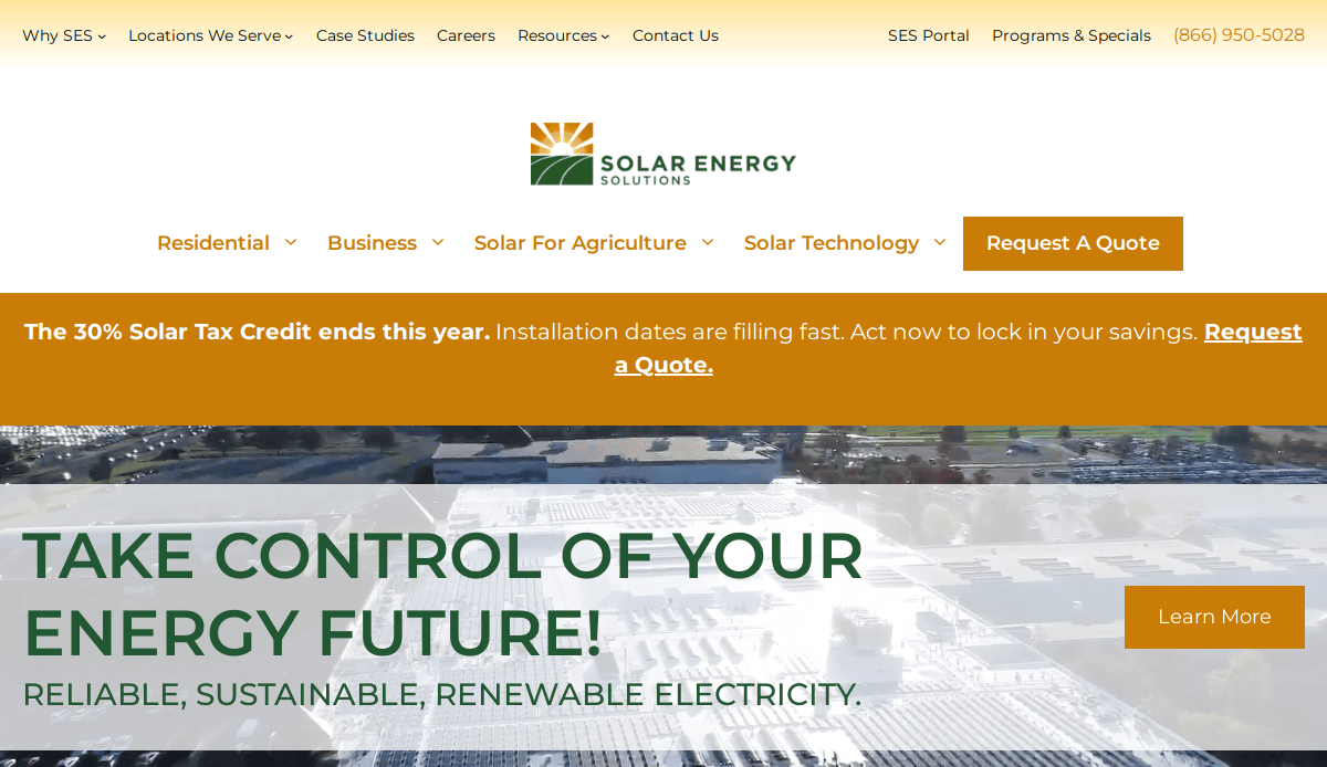 Screenshot of the Solar Energy Solutions website homepage, featuring navigation links, a banner about the 30% solar tax credit, and a message encouraging visitors to take control of their energy future with solar power.