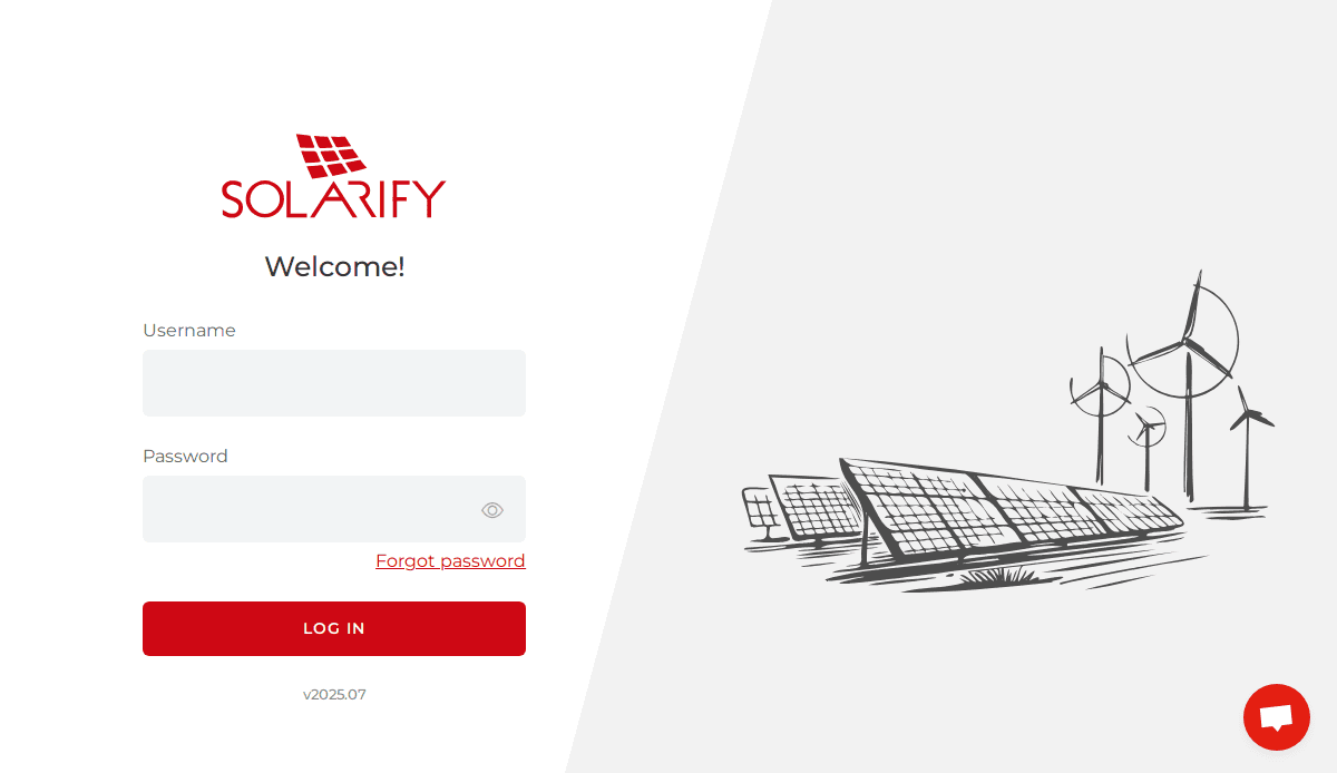 Solarify login page with fields for username and password, a Forgot password link, and a red Log In button. Right side shows illustrations of solar panels and wind turbines.