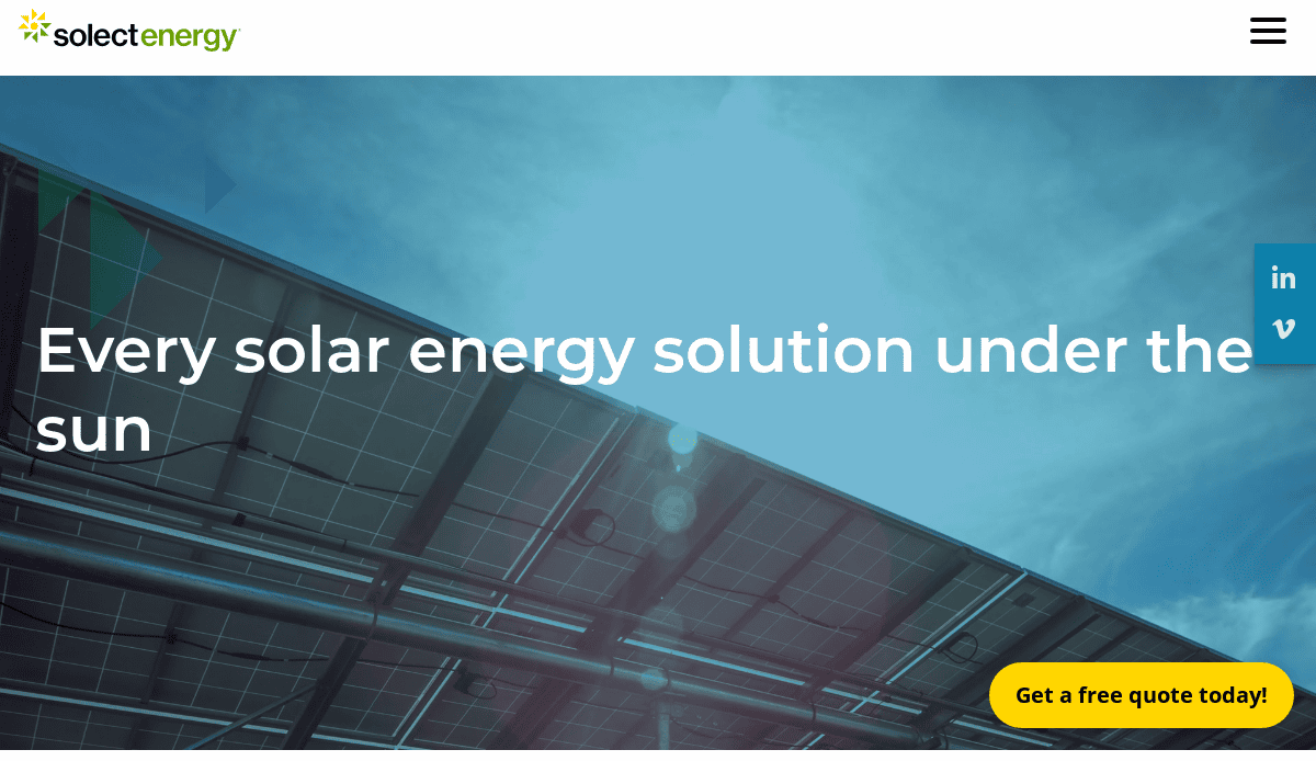 A solar panel array viewed from below against a bright blue sky, with the text Every solar energy solution under the sun and a yellow button reading Get a free quote today! at the bottom right.