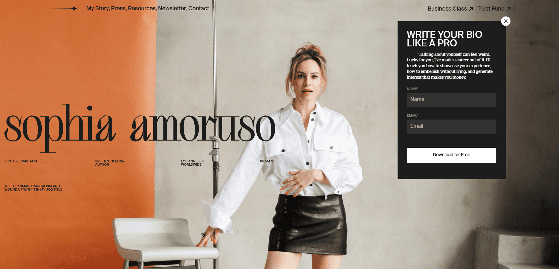 A woman in a white button-up shirt and black leather skirt stands in front of an orange and gray backdrop with sophia amoruso in large text. A black-and-white sign-up form sits on the right side of the image.