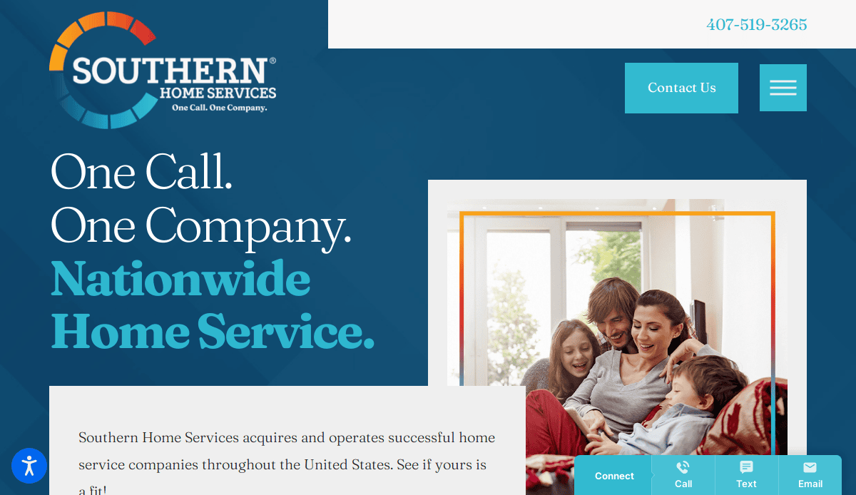 Screenshot of Southern Home Services website homepage showing the logo, contact button, headline One call. One company. Nationwide home service, and a photo of a happy family sitting together on a couch.