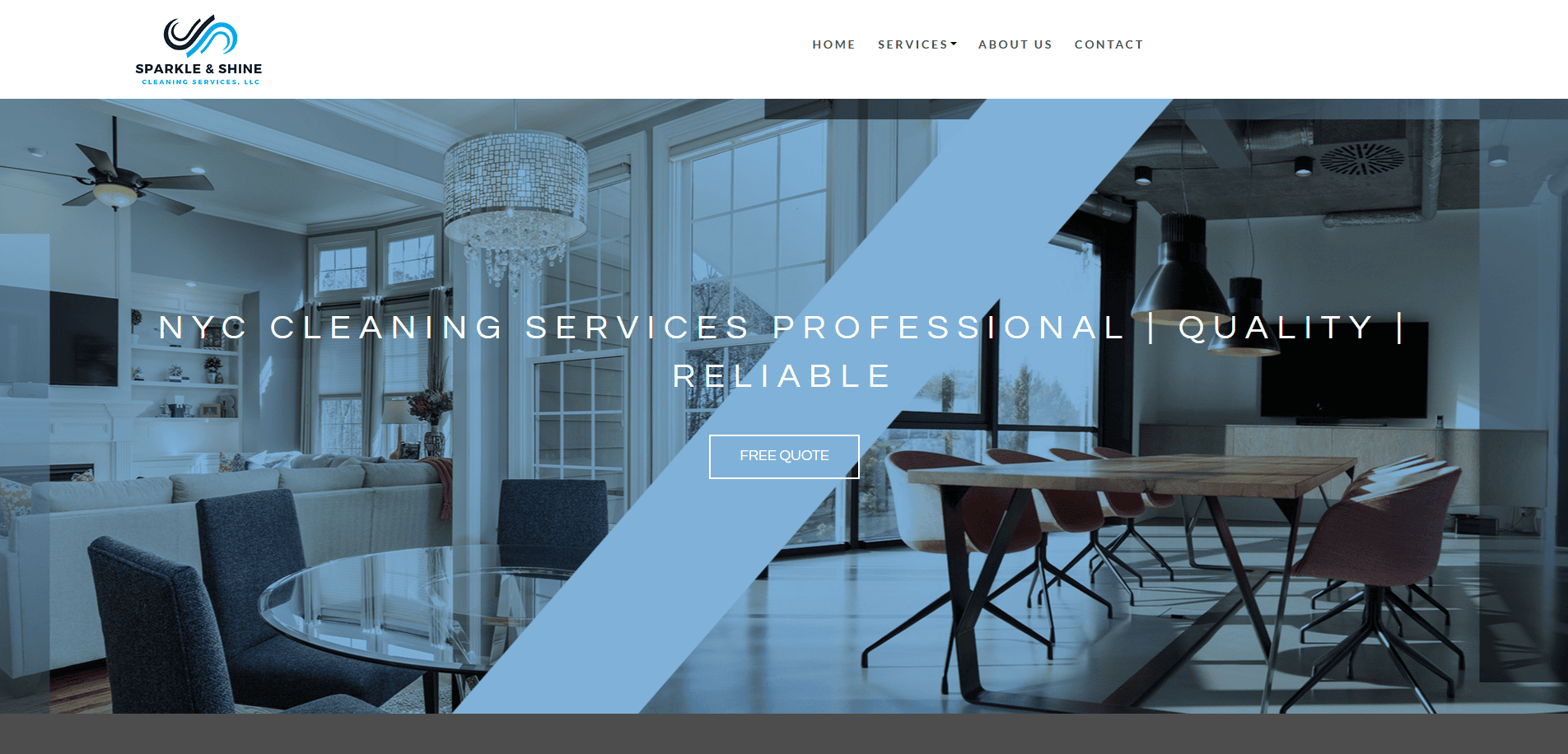 Modern, stylish open-concept living and dining room with large windows, neutral furniture, and contemporary lighting. A website banner overlay reads “NYC Cleaning Services Professional | Quality | Reliable.”.