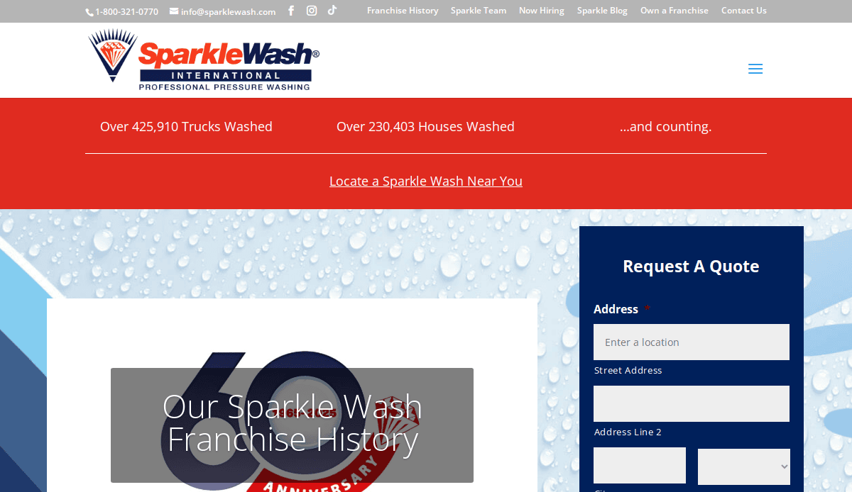 Screenshot of the Sparkle Wash website showing statistics on trucks and houses washed, a button to locate nearby services, and a form on the right side to request a quote. The page has a blue, white, and red color scheme.