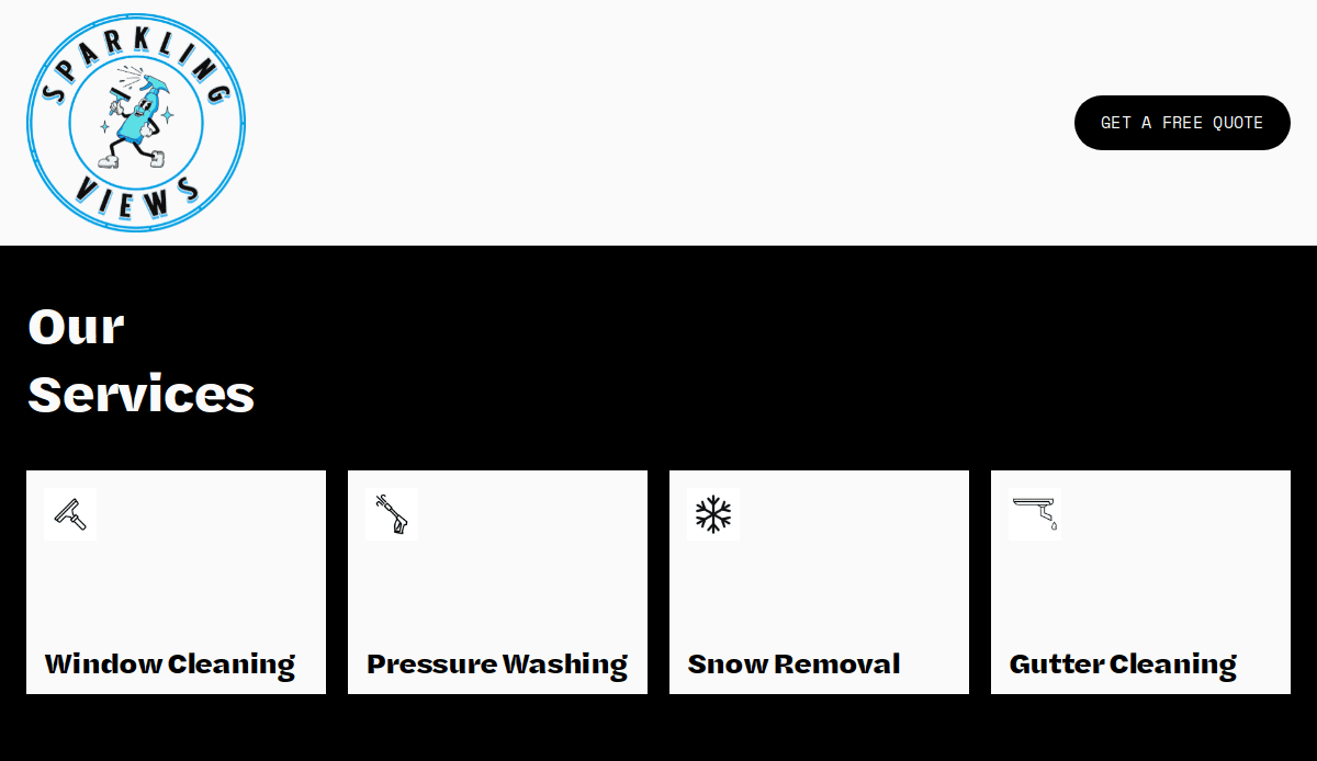 Website section with the Sparkling Views logo, a “Get a Free Quote” button, and four service icons and labels: Window Cleaning, Pressure Washing, Snow Removal, and Gutter Cleaning.