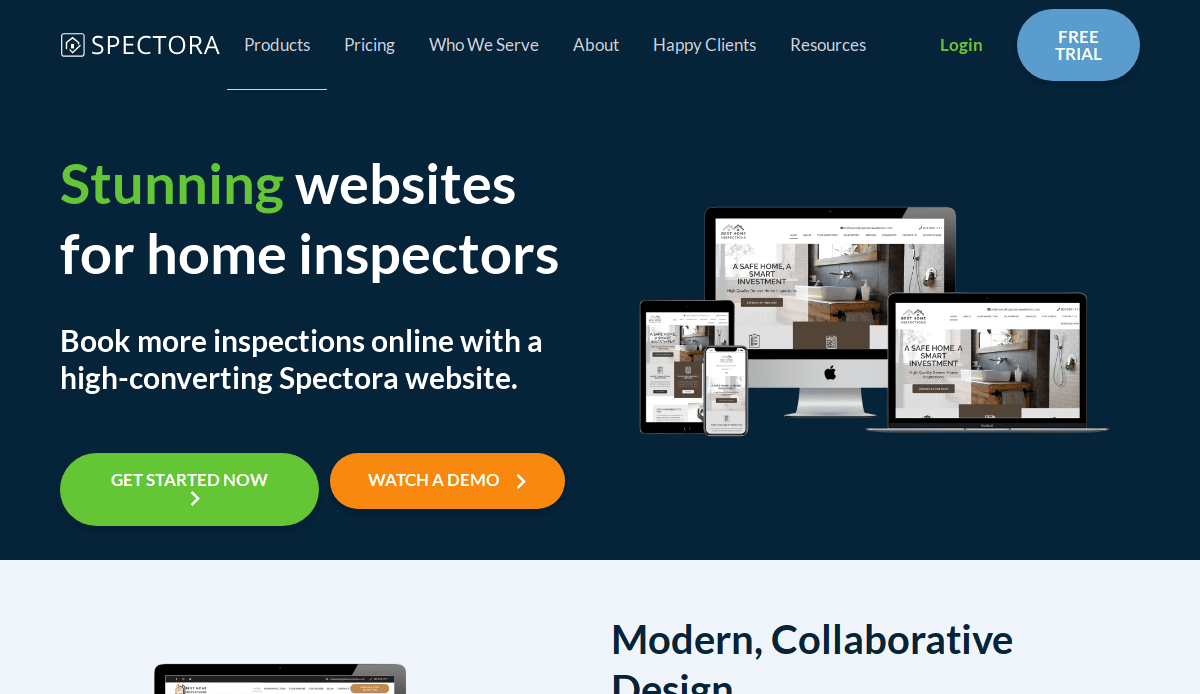 Screenshot of Spectoras homepage featuring the headline Stunning websites for home inspectors with buttons for Get Started Now and Watch a Demo, plus website previews on various devices.