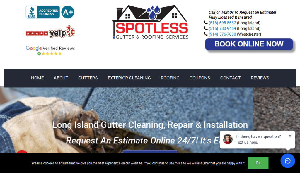 Screenshot of the Spotless Gutter & Roofing Services website, showing contact numbers, a “Book Online Now” button, review ratings, service menu, and a banner about Long Island gutter cleaning, repair, and installation.