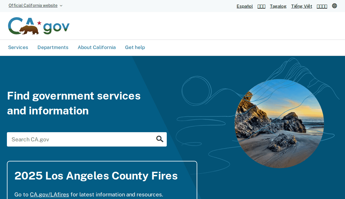 Screenshot of the CA.gov website homepage with a search bar, navigation links, and an announcement about the 2025 Los Angeles County Fires. A circular image of a California coastline is on the right.