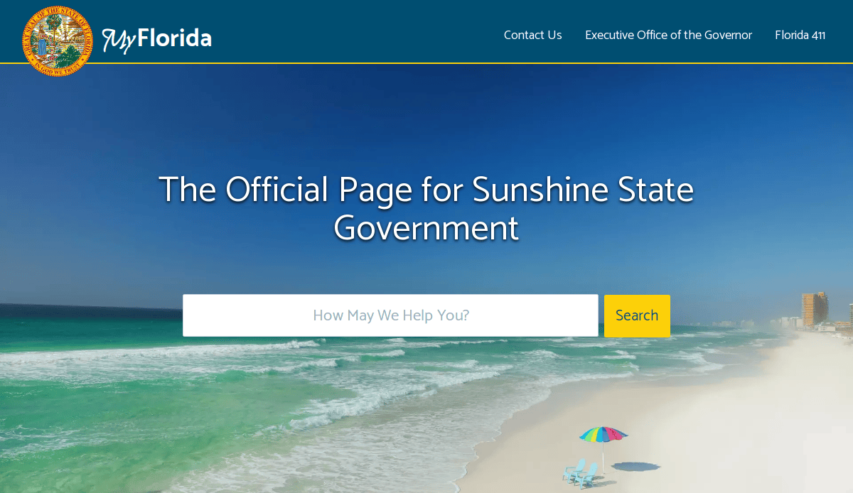 A website homepage for MyFlorida shows a beach scene with waves and umbrellas, a search bar, and the text “The Official Page for Sunshine State Government.” The Florida seal is in the top left corner.