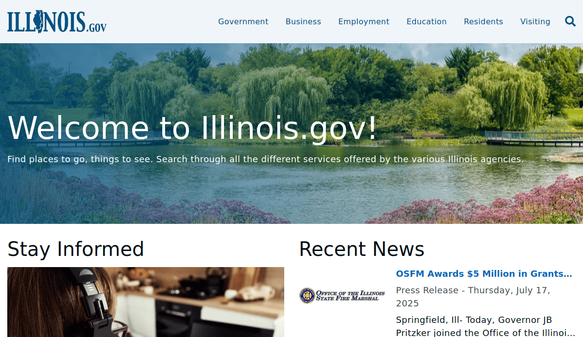 Screenshot of the Illinois.gov homepage showing a welcome message over a scenic lake view, with navigation links and sections for Stay Informed and Recent News below.