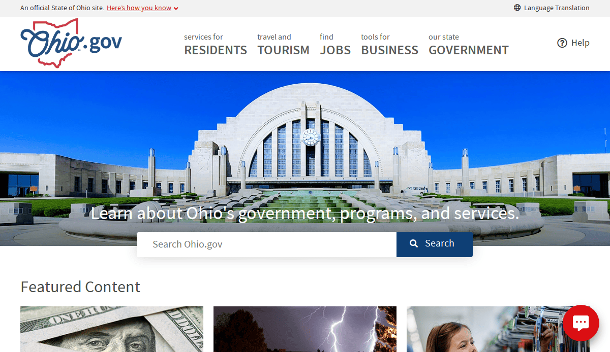 Screenshot of Ohio.gov homepage featuring a large photo of Cincinnati Union Terminal, a search bar, navigation links for residents, tourism, jobs, business, and government, and a Featured Content section below.