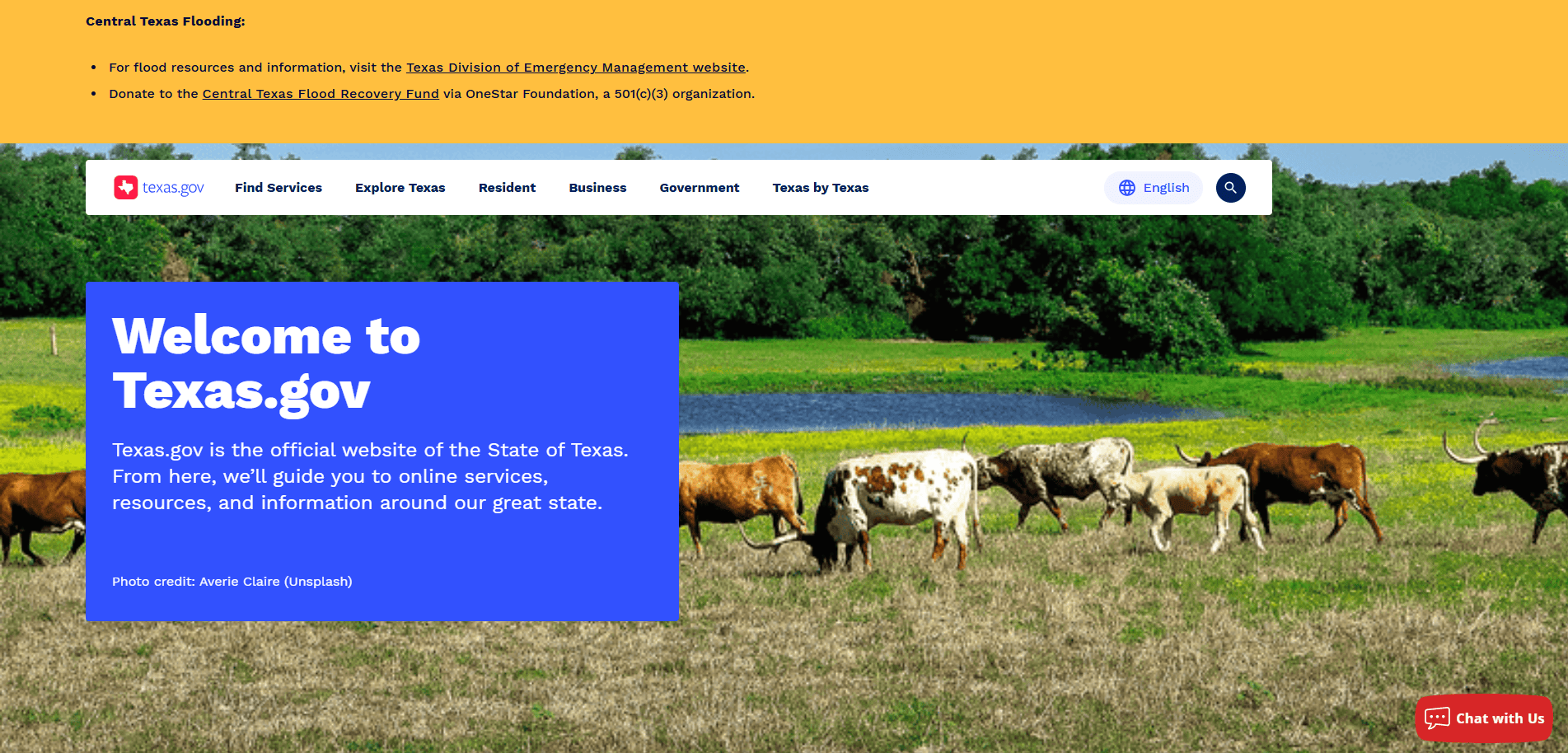 Screenshot of the Texas.gov homepage featuring a field with cows near a river, a welcome message in a blue box, navigation links, and flood resource announcements on a yellow banner at the top.