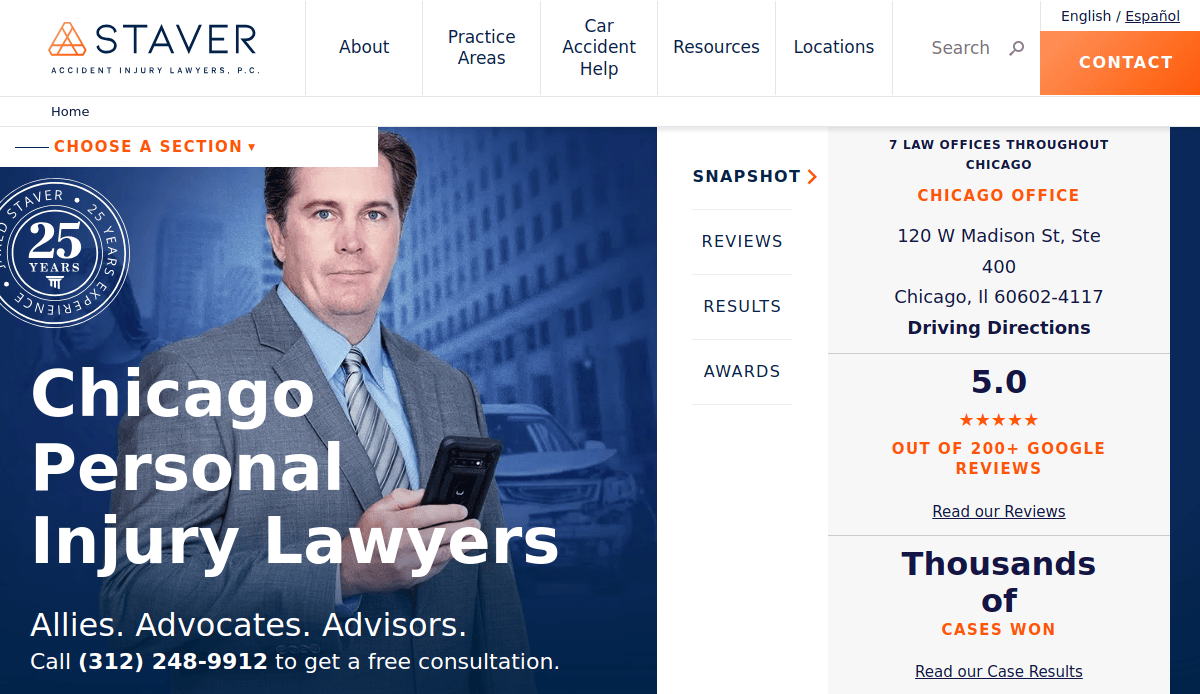 A man in a suit holds a phone on a law firms website. Text reads Chicago Personal Injury Lawyers with a badge for 25 years of service. Contact information, reviews, and case numbers appear on the right.