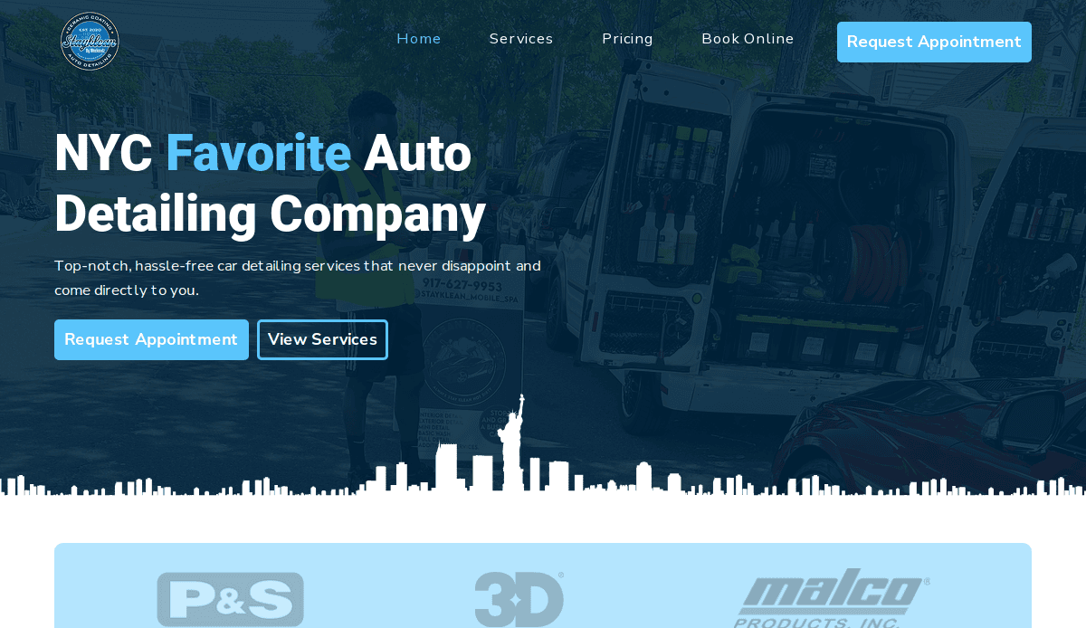 Screenshot of a car detailing company’s website homepage, featuring the text “NYC Favorite Auto Detailing Company” with options to request an appointment or view services, and a van with cleaning equipment in the background.