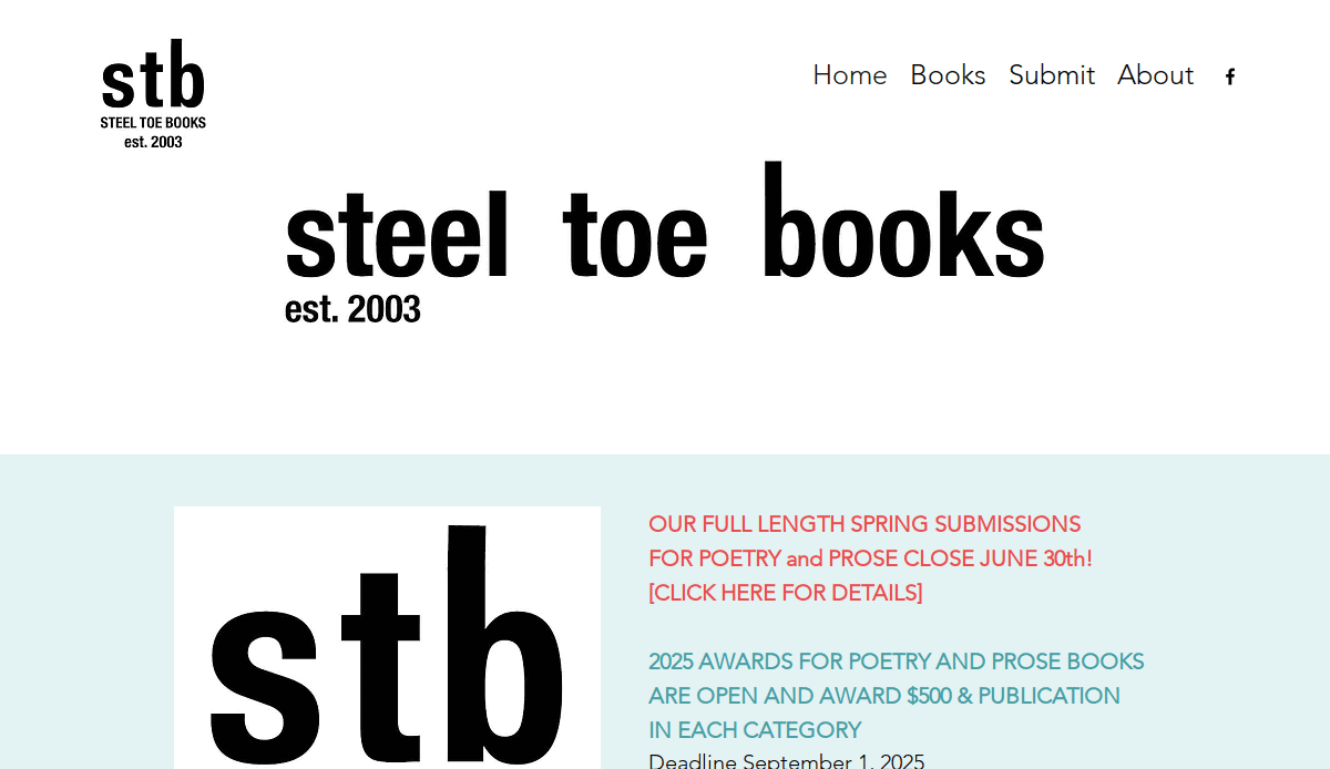 Screenshot of the Steel Toe Books website homepage, featuring the logo “stb” and text “steel toe books est. 2003.” Navigation links for Home, Books, Submit, and About are at the top right.