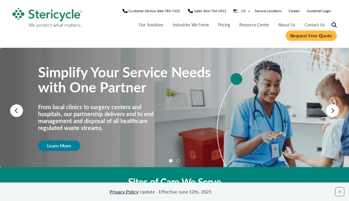 Screenshot of Stericycles website homepage, featuring a header with contact info, company logo, navigation menu, and buttons. The main section highlights service solutions for healthcare waste, with an image of two healthcare professionals.