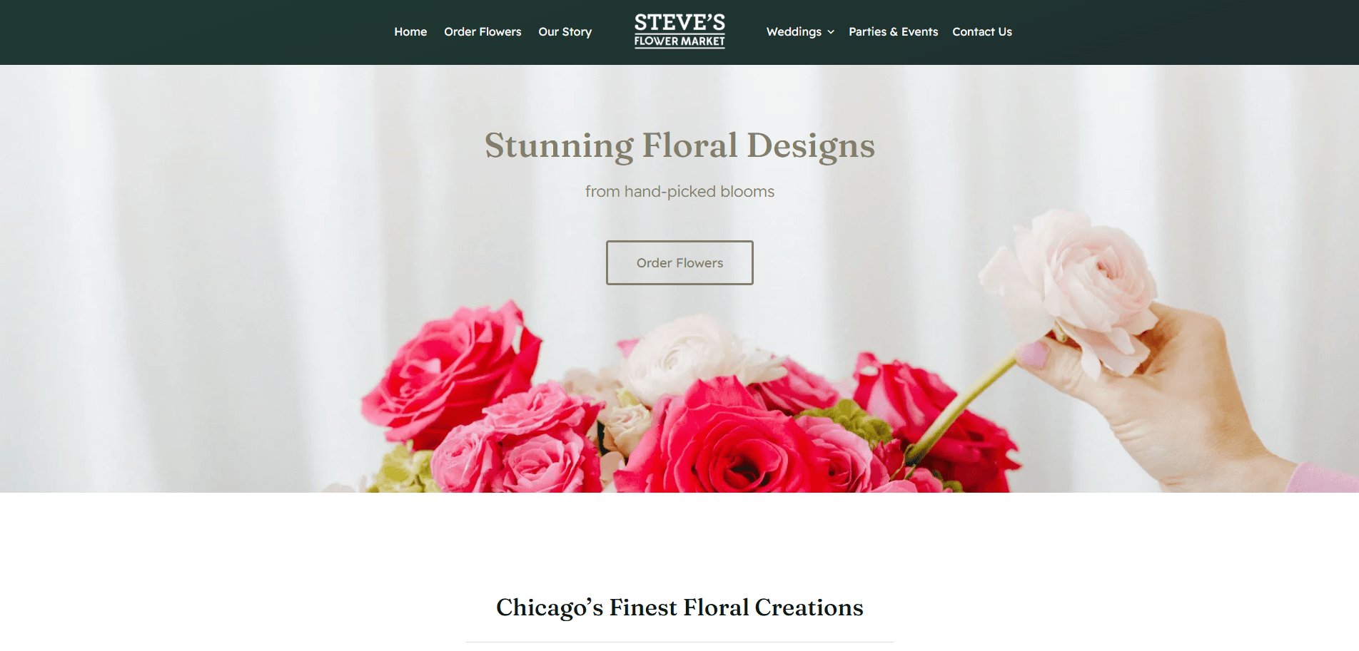 A hand arranges a bouquet of pink and white roses in front of a light background. The website header reads STEVES FLOWER MARKET with navigation links and the text Stunning Floral Designs above a button labeled Order Flowers.