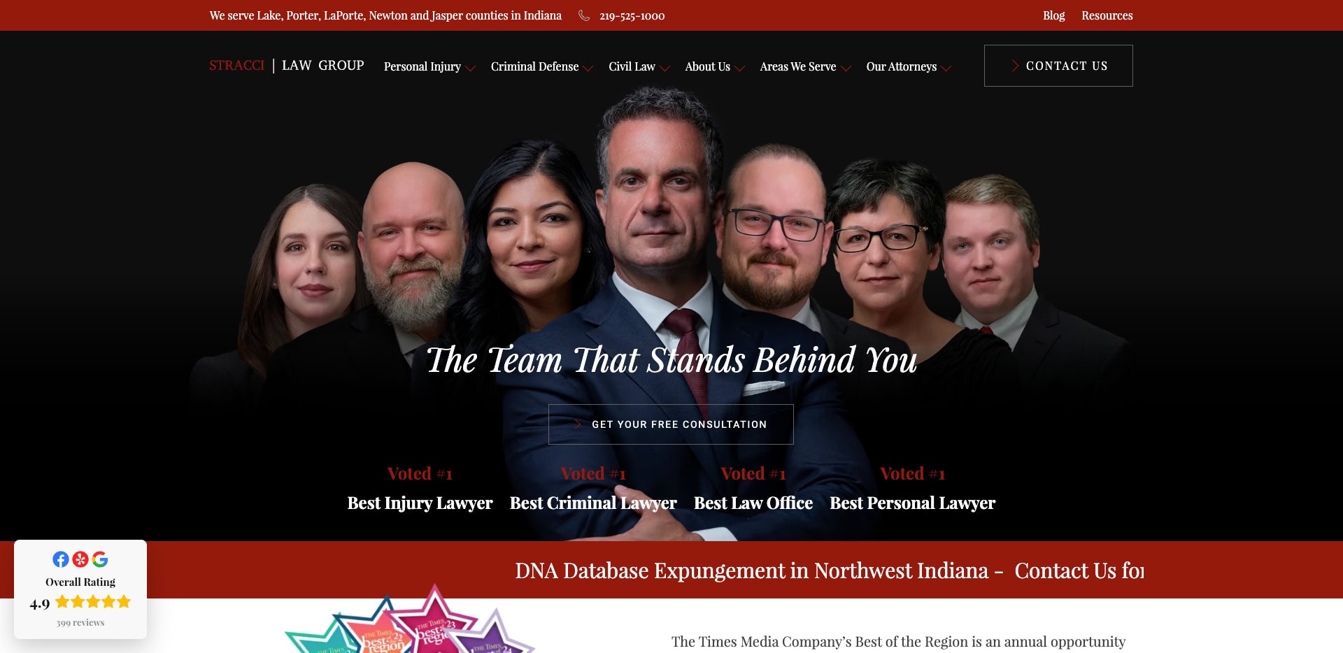 A group of seven lawyers in formal attire stand together with serious expressions against a dark background. Text overlays read, The Team That Stands Behind You and offer a free consultation. Navigation menus and award badges are visible.