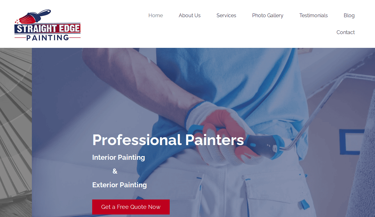 A painter in white work clothes holds a paint roller against a blue-toned background. The text reads Professional Painters - Interior Painting & Exterior Painting. The Straight Edge Painting logo appears at the top left.