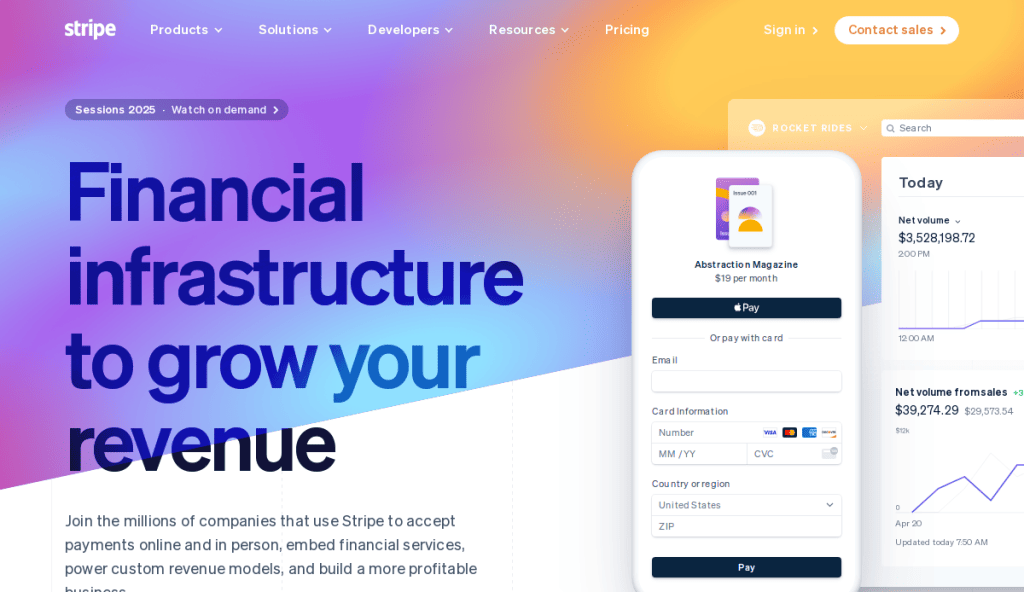 Screenshot of Stripe’s website showing the headline Financial infrastructure to grow your revenue, a sample payment form on a smartphone graphic, and navigation links at the top over a colorful gradient background.