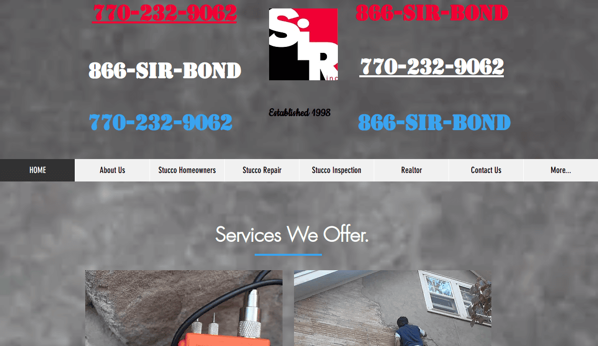 Website homepage for SIR Bond features the company name, phone number in red, black, and blue fonts, navigation menu, and images of stucco repair services including tools and a worker repairing a wall.