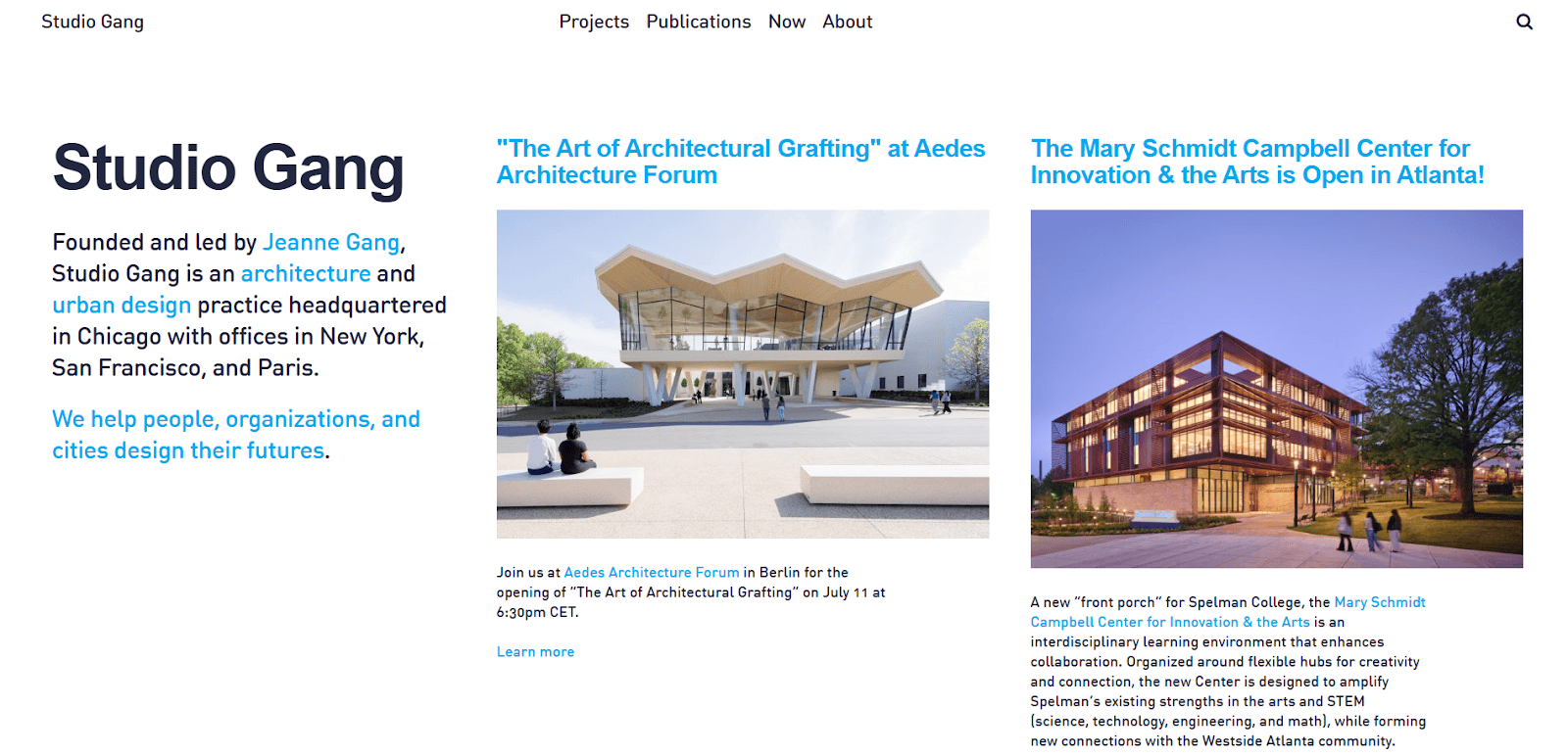 Screenshot of Studio Gang’s website homepage. Left side has text about the firm; right side shows two highlighted articles with images of modern buildings and event details. Top navigation links: Projects, Publications, and Now.