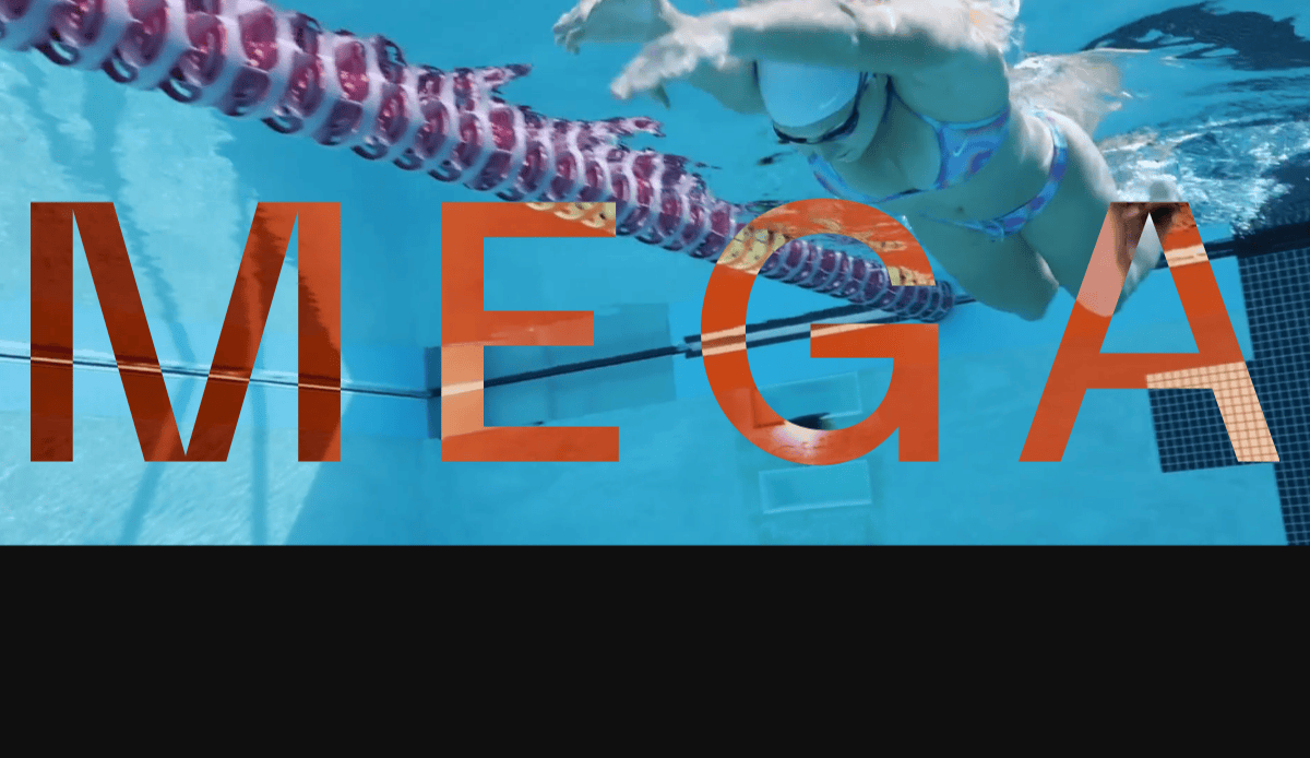 A swimmer in a pool swims freestyle under a lane divider. Large, semi-transparent orange text reading MEGA overlays the center of the image.